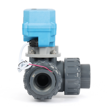 1-1/4" 3-vägs UPVC motoriserad kulventil, L-typ, 9–24V AC/DC, 2-tråds automatisk återgång, IP67 full port, normalt stängd med manuell återställning