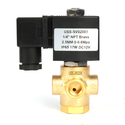 1/4" messinkinen 3-tie solenoidiventtiili - 12 V DC 2 asentoa
