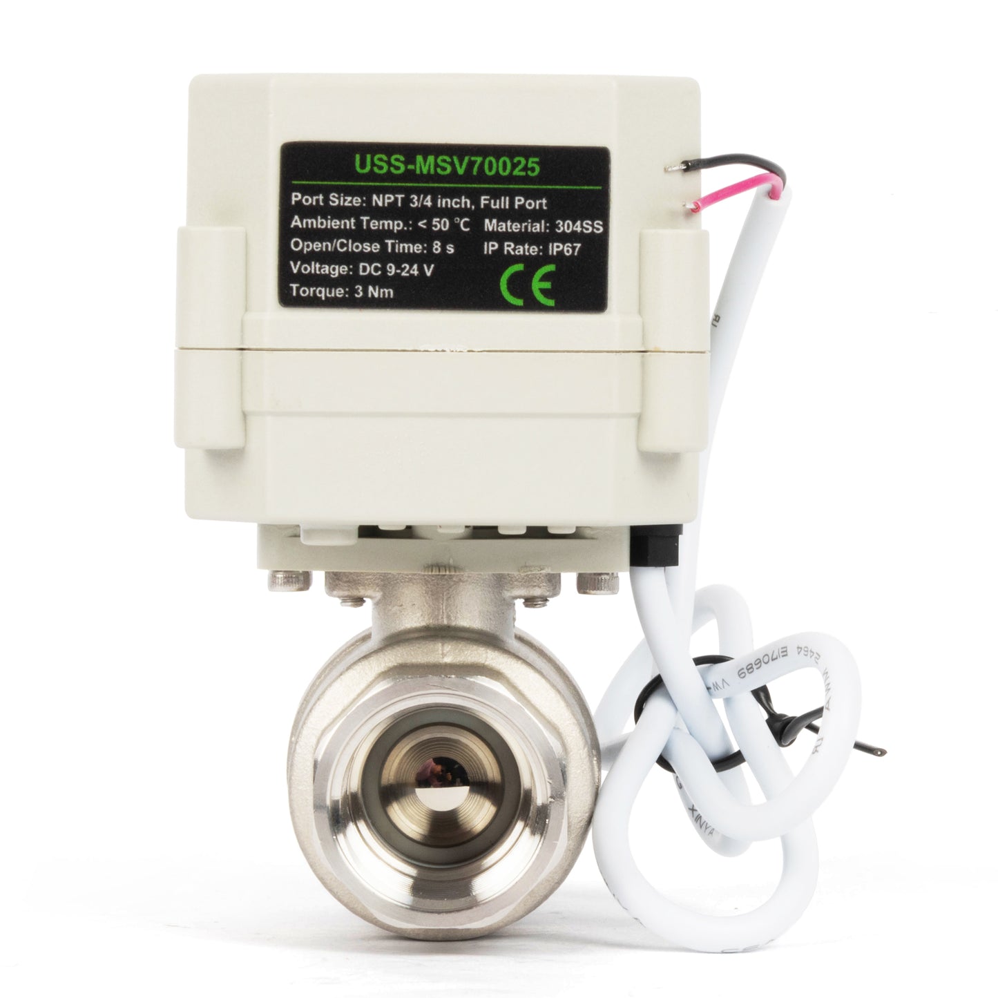 3/4" Motorized Ball Valve with Timer, Auto-Return Fail Safe & Power-Off Memory, 2-Way 304SS Electric Actuator, IP67, AC/DC 9-24V