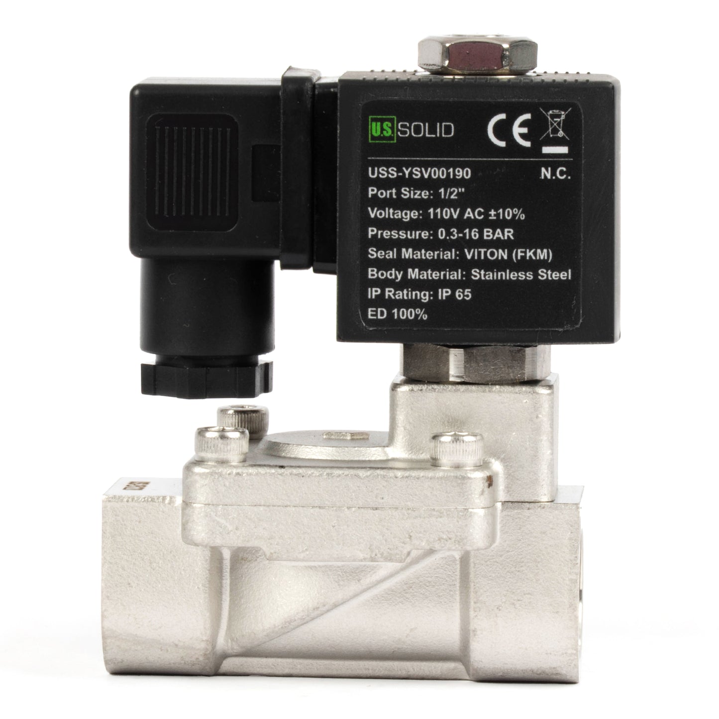 Électrovanne en acier inoxydable 1/2" - 110 V / 220 V CA, normalement fermée, 4,4-232 PSI, joint VITON