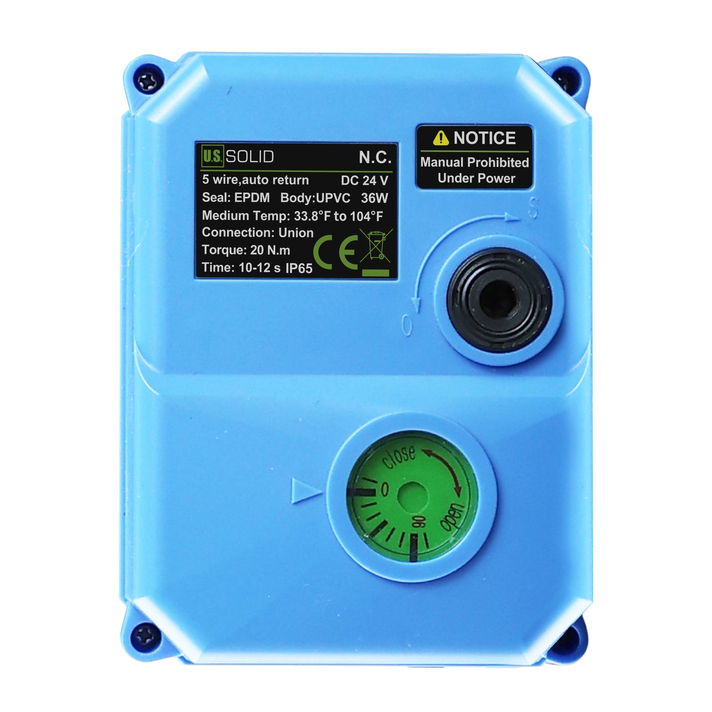 1-1/2" Double Union UPVC Motorized Ball Valve - DC 24V, 5-Wire with Signal Feedback, Auto Return, Normally Closed & Manual Override, EPDM Seal