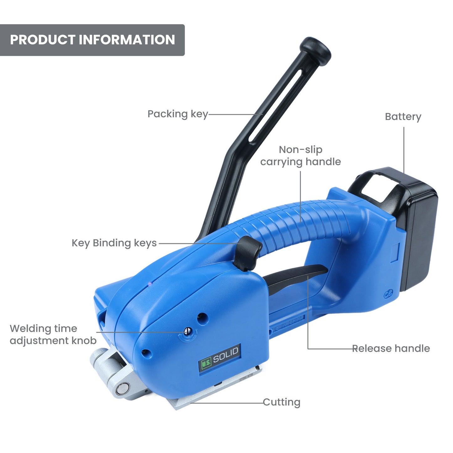 Flejadora eléctrica semiautomática con batería de 2 x 4000 mAh y pantalla LCD para flejes de PP y PET de 1/2 a 5/8 pulgadas de US SOLID