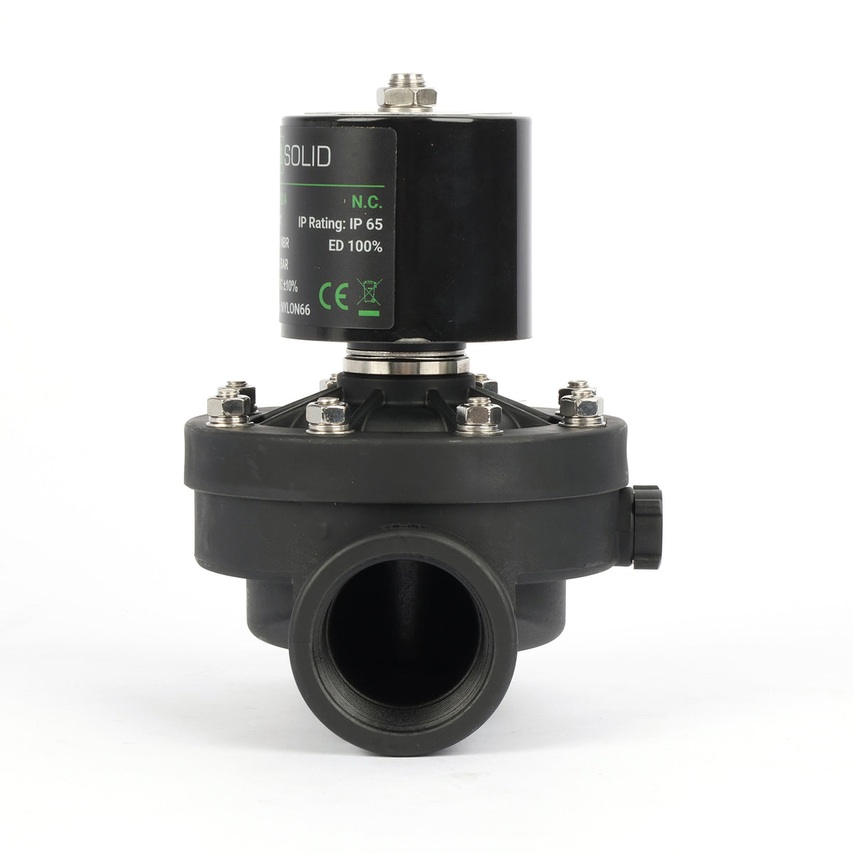 1-1/4" Plastik PA66 Solenoid Vana 12V DC, 0-5 Bar, Normalde Kapalı, NBR Contalı, Su ve Hava için