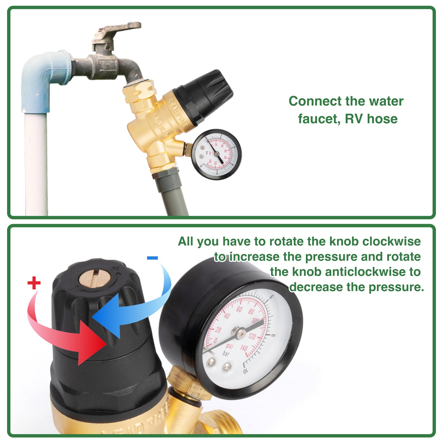 3/4" GHT RV Water Pressure Regulator - Hand Adjustable, Brass, with Gauge & Filter