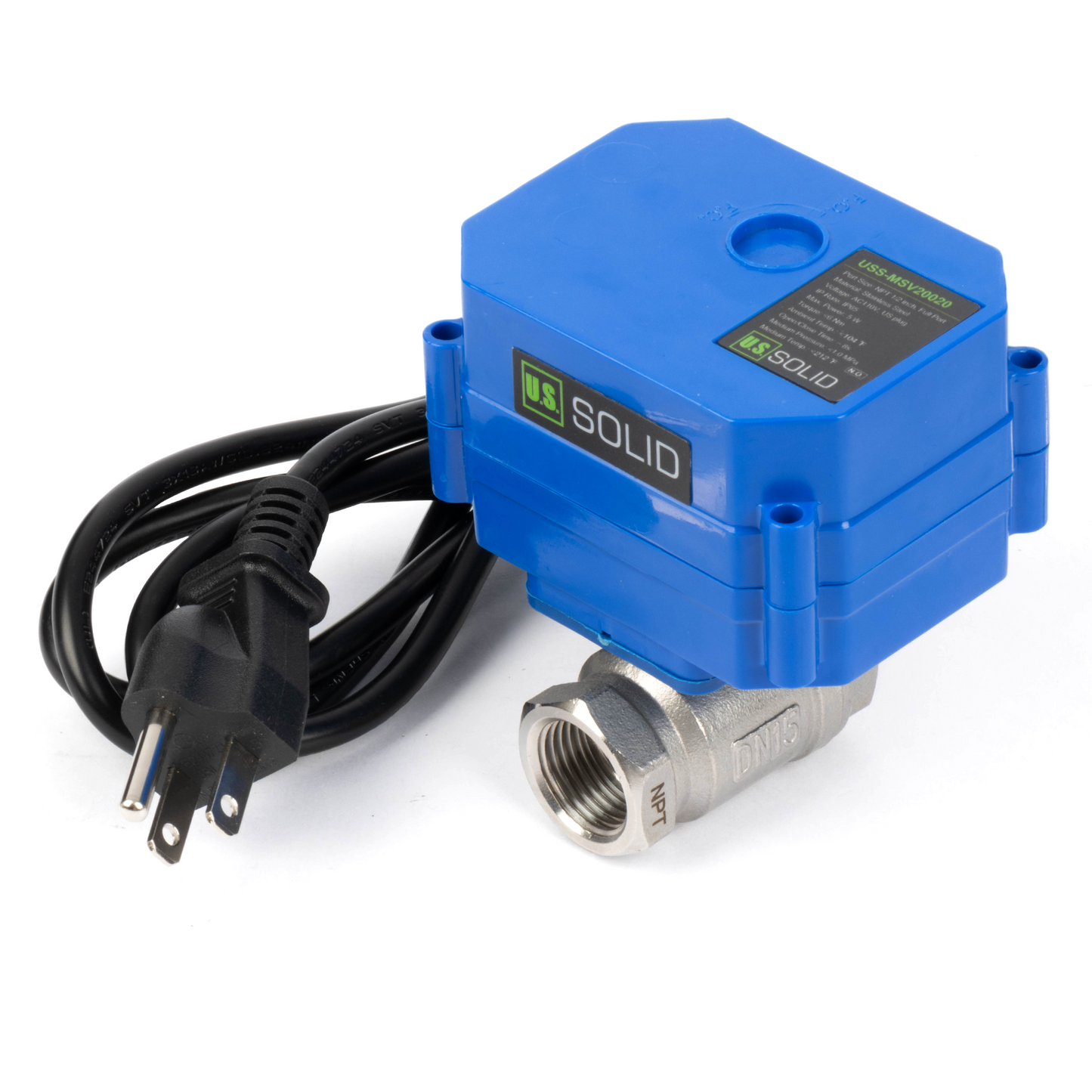 U.S. Solid 1/2" Μηχανοκίνητη σφαιρική βαλβίδα, 110VAC, ανοξείδωτο ατσάλι, αυτόματη επιστροφή, κανονικά κλειστό, με βύσμα ΗΠΑ