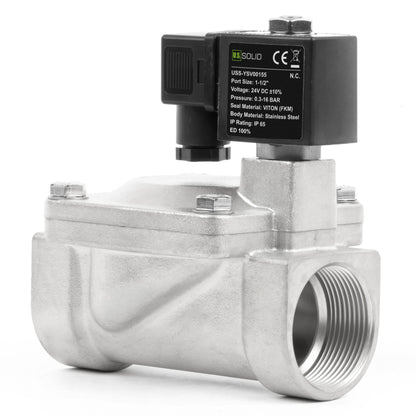 Válvula solenoide de acero inoxidable de 1-1/2" - 24 V CC, normalmente cerrada, 4.4-232 PSI, junta de VITON
