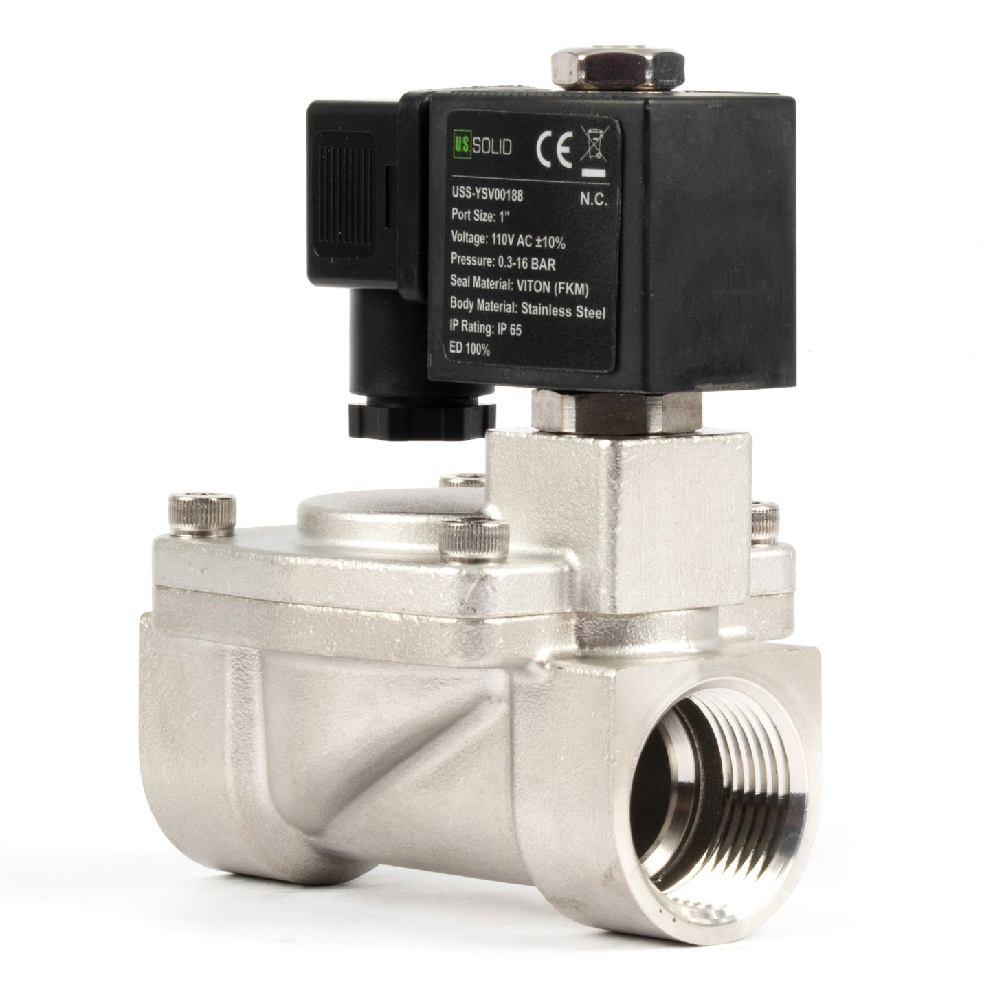 Válvula solenoide de 1" em aço inoxidável - 110V/220V AC, normalmente fechada, 4,4-232 PSI, com vedação em VITON.