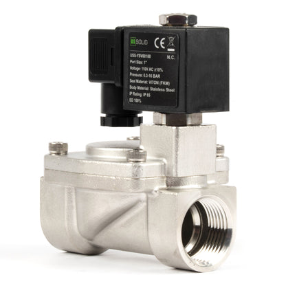 Válvula solenoide de 1" em aço inoxidável - 110V/220V AC, normalmente fechada, 4,4-232 PSI, com vedação em VITON.