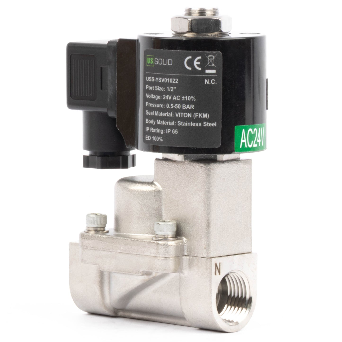 Hogetemperatuur magneetventiel - 1/2" roestvrij staal, 725 PSI, 24V AC, 302°F (150°C), normaal gesloten, VITON-afdichting