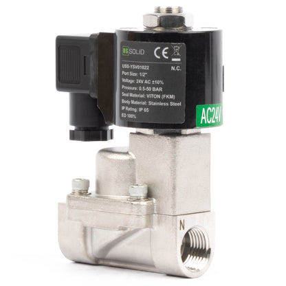 Hogetemperatuur magneetventiel - 1/2" roestvrij staal, 725 PSI, 24V AC, 302°F (150°C), normaal gesloten, VITON-afdichting