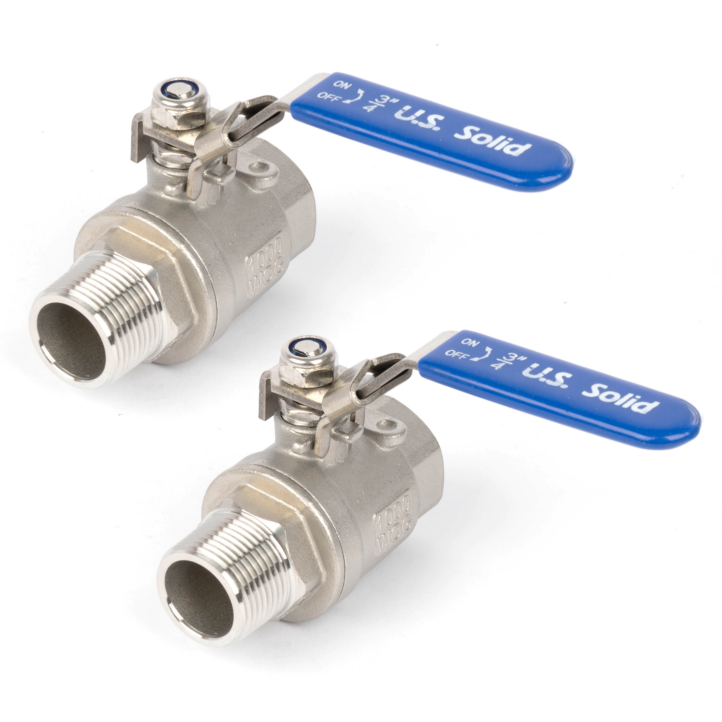 صمام كروي 3/4 بوصة، عبوة من قطعتين - ذكر × أنثى من الفولاذ المقاوم للصدأ 316 عالي التحمل، 1000WOG، منفذ كامل مع قفل لمنع التشغيل الخاطئ