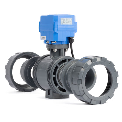 วาล์วบอลแบบมอเตอร์ไฟฟ้า UPVC ขนาด 2 นิ้ว ข้อต่อคู่ - DC 24V, 3 สาย ควบคุมเดี่ยว พร้อมระบบควบคุมด้วยมือ และซีล EPDM