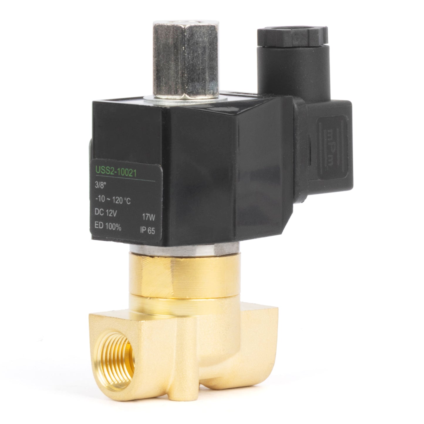 Katup Solenoid Elektrik Kuningan 3/8", DC 12V, Normally Open, Segel Viton