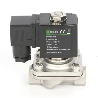 Électrovanne 3/8" - Acier inoxydable 24 V CC normalement fermée avec joint Viton, type boîte de jonction