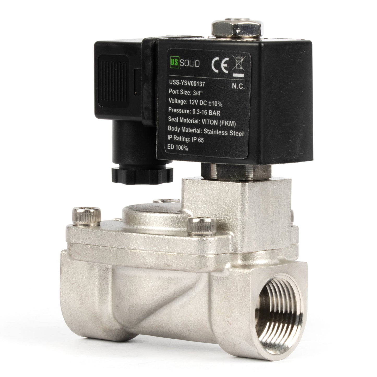 3/4" roestvrijstalen magneetventiel - 12V DC, normaal gesloten, 4,4-232 PSI, VITON-afdichting