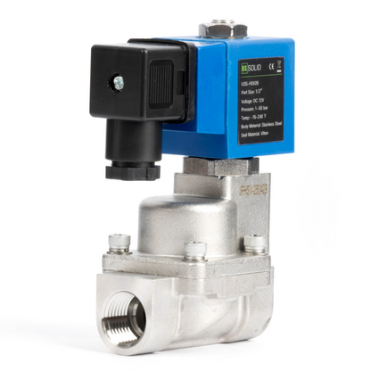 1/2" High Pressure Solenoid Valve - 0-50 bar Stainless Steel, 12V DC High-Pressure High-Temperature Solenoid Valve, 248°F, Viton Seal, Normally Closed