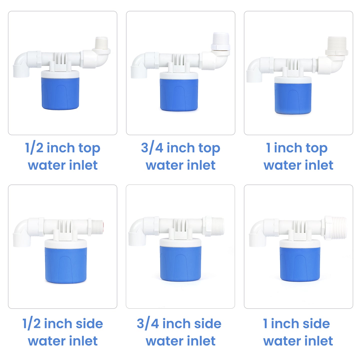 Automatisk vandflyderventilsæt – justerbar top-/sideindløb, 1/2", 3/4", 1" adaptere – 2-pak