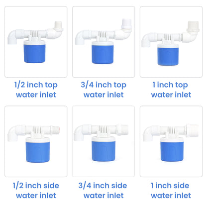 Automatisk vandflyderventilsæt – justerbar top-/sideindløb, 1/2", 3/4", 1" adaptere – 2-pak