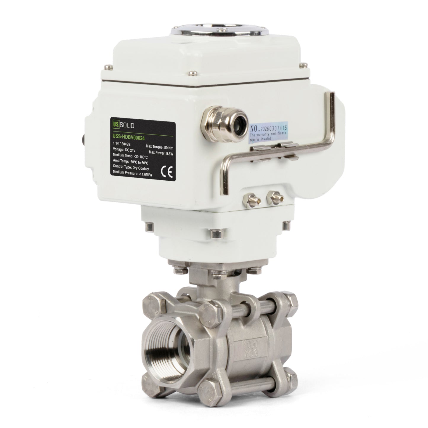 1 1/4" Electric Actuated Ball Valve, DC 24V Heavy Duty 3-Piece Industrial Ball Valve,304SS, ON/OFF Type, Dry Contact