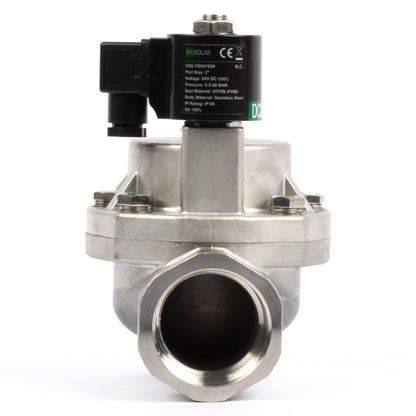 Électrovanne haute température - 50 mm (2") en acier inoxydable, 50 bar (725 PSI), 24 V CC, 150 °C (302 °F), normalement fermée, joint VITON