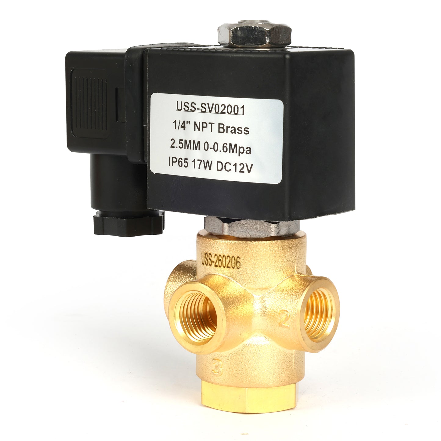 1/4" messinkinen 3-tie solenoidiventtiili - 12 V DC 2 asentoa