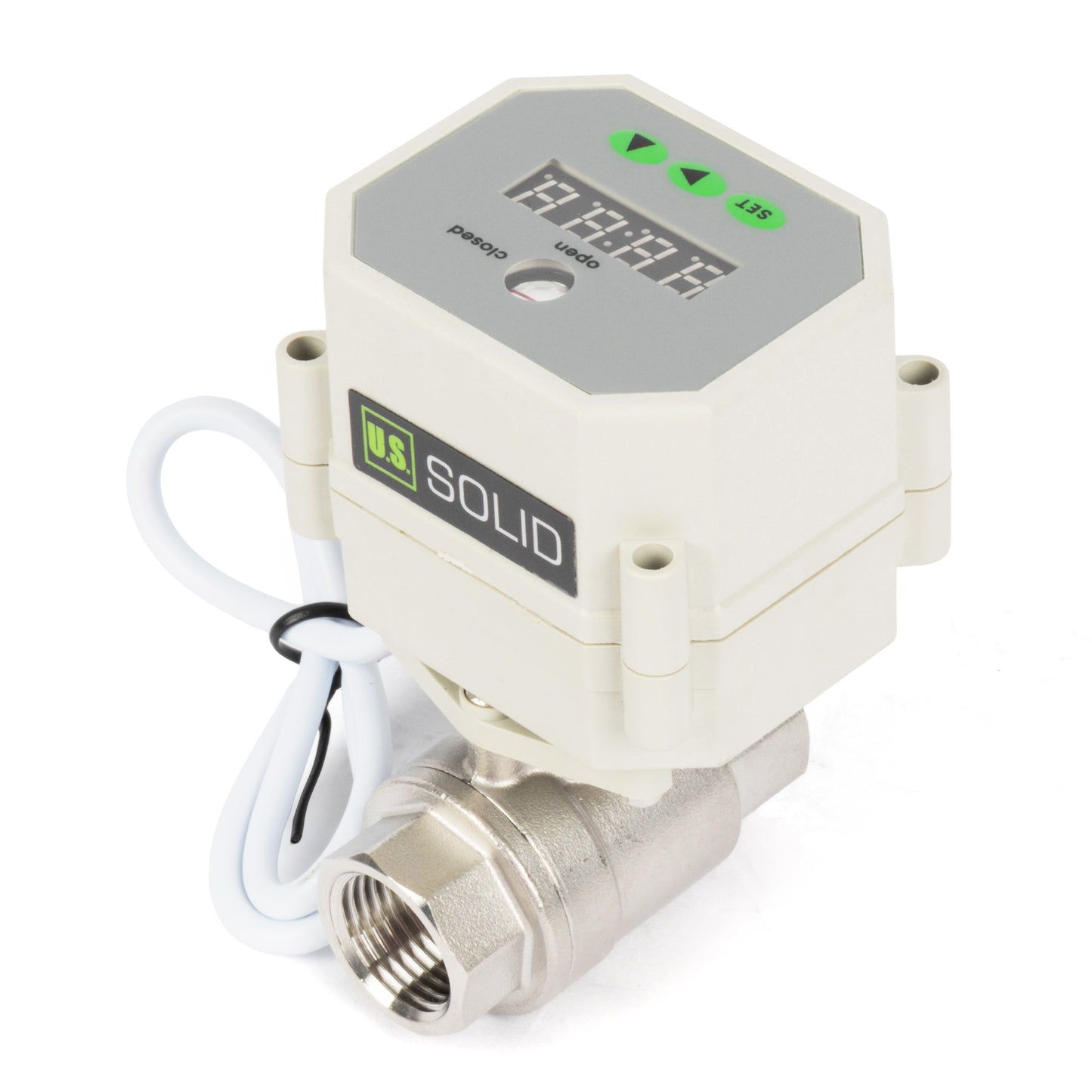 1/2" Motorized Ball Valve with Timer, Auto-Return Fail Safe & Power-Off Memory, 2-Way 304SS Electric Actuator, IP67, AC/DC 9-24V