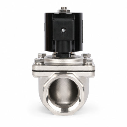Électrovanne 1-1/2" - Acier inoxydable 12 V CC normalement fermée avec joint Viton, type boîte de jonction