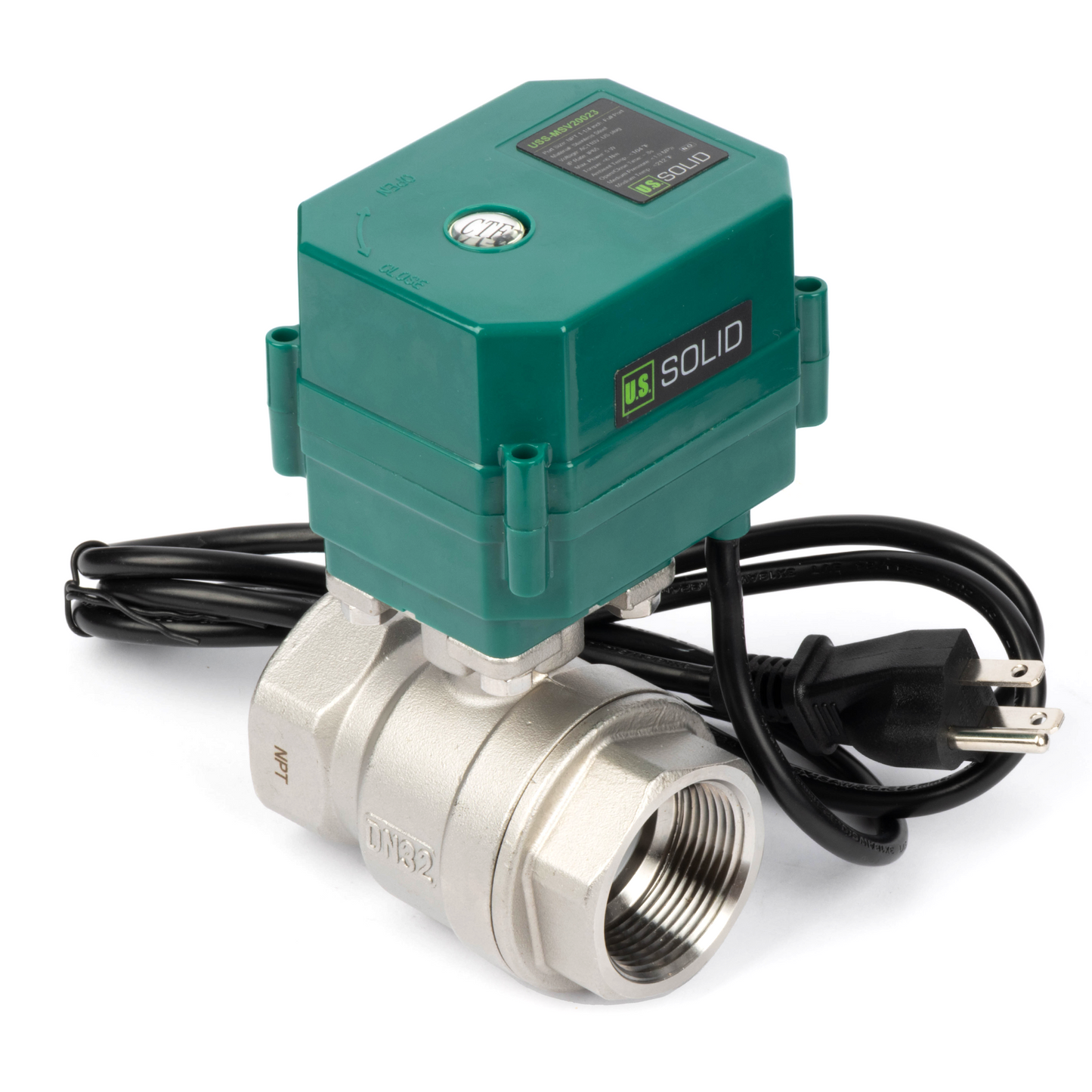 U.S. Solid 1-1/4"" Μηχανοκίνητη σφαιρική βαλβίδα, 110VAC, ανοξείδωτο ατσάλι, αυτόματη επιστροφή, κανονικά κλειστό, με βύσμα ΗΠΑ