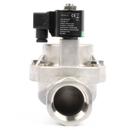 Électrovanne haute température - 50 mm (2") en acier inoxydable, 50 bar (725 PSI), 24 V CA, 150 °C (302 °F), normalement fermée, joint VITON