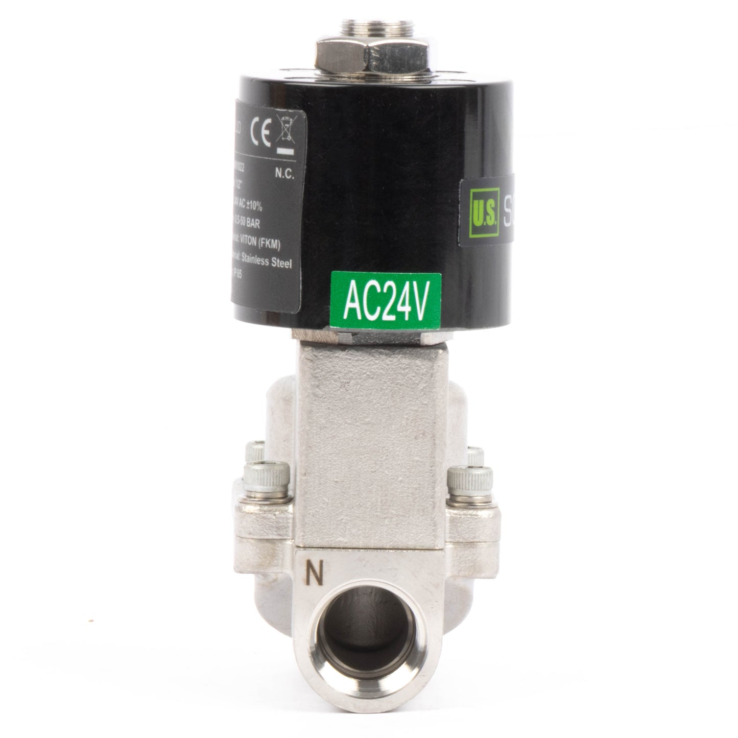 Hogetemperatuur magneetventiel - 1/2" roestvrij staal, 725 PSI, 24V AC, 302°F (150°C), normaal gesloten, VITON-afdichting