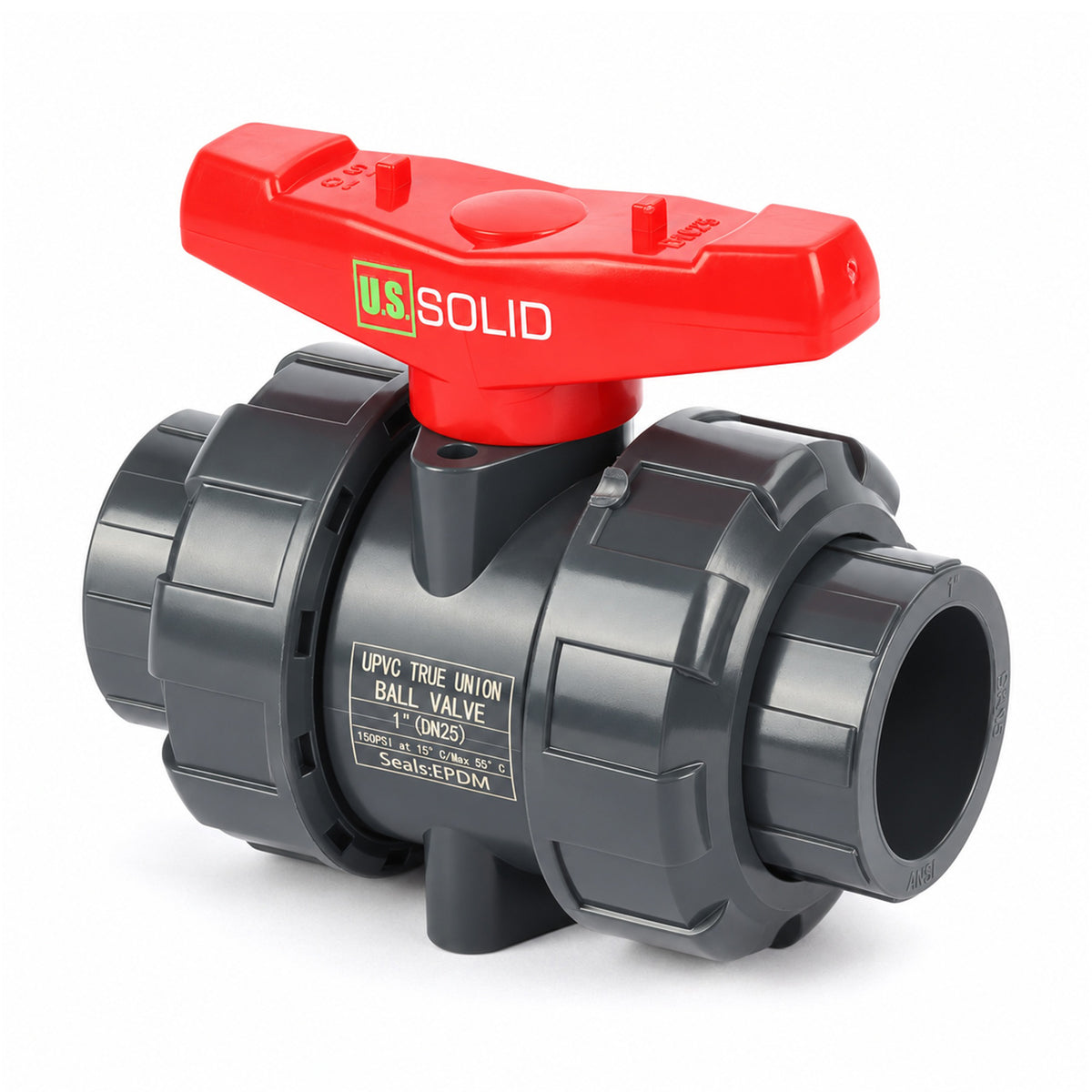 Vanne à bille à union véritable en PVC 1", passage intégral, emboîtement coulissant, compatible Schedule 40 et 80, 150 psi, siège en PTFE, joint torique en EPDM, lot de 2