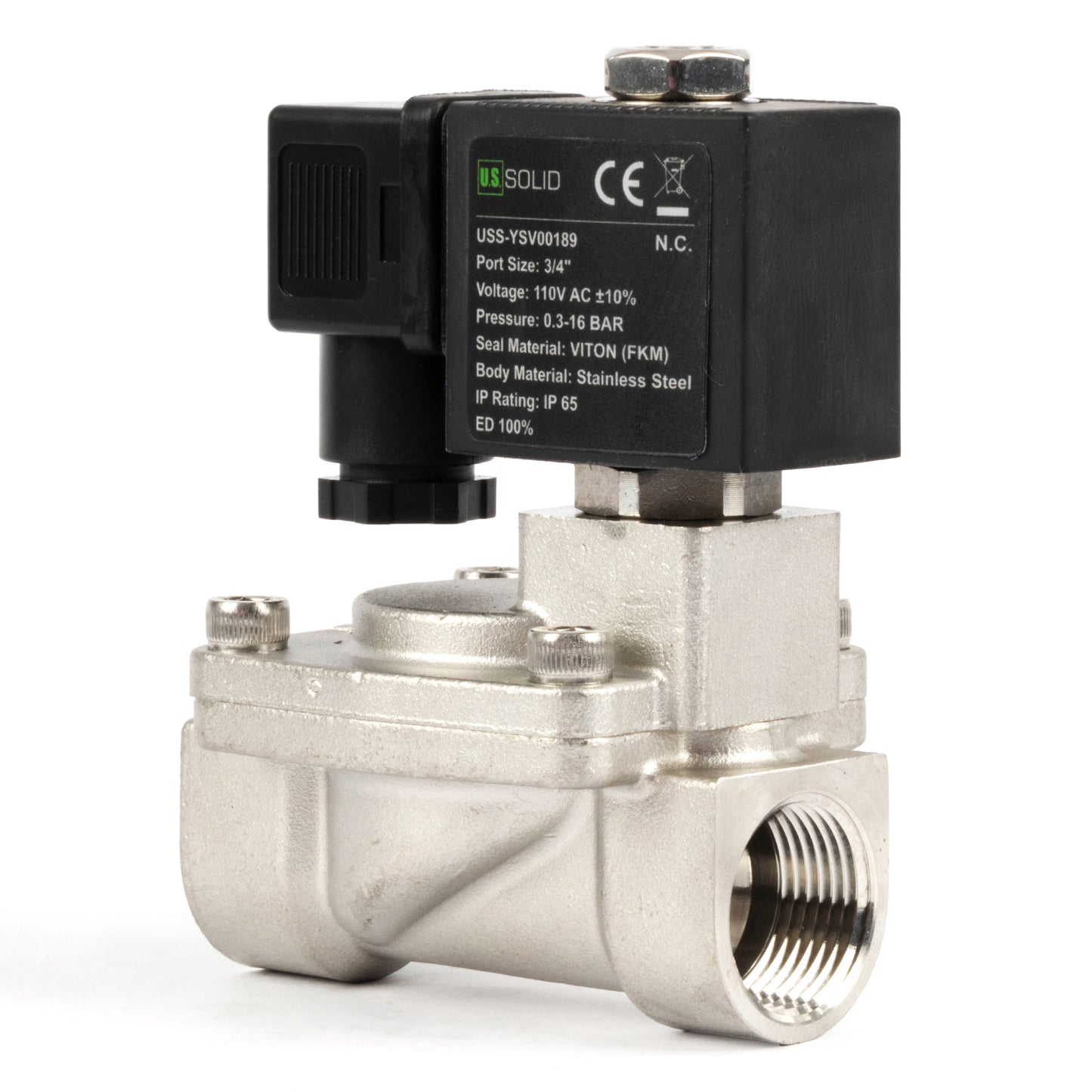 صمام لولبي من الفولاذ المقاوم للصدأ ¾ بوصة - 110 فولت / 220 فولت تيار متردد، مغلق عادةً، 4.4-232 رطل لكل بوصة مربعة، مانع تسرب من الفيتون