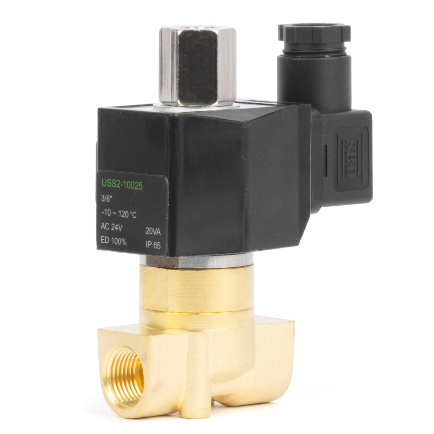 Válvula solenoide elétrica de latão de 3/8", 24 V CA, normalmente aberta, com vedação em Viton.
