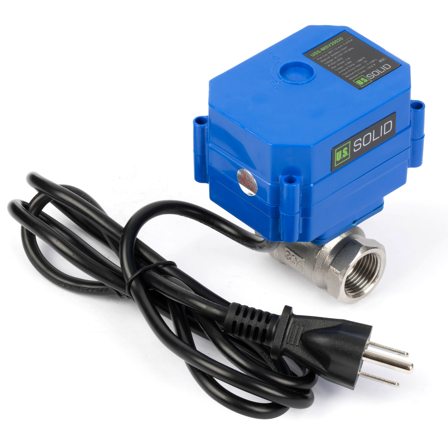 U.S. Solid 1/2" Μηχανοκίνητη σφαιρική βαλβίδα, 110VAC, ανοξείδωτο ατσάλι, αυτόματη επιστροφή, κανονικά κλειστό, με βύσμα ΗΠΑ