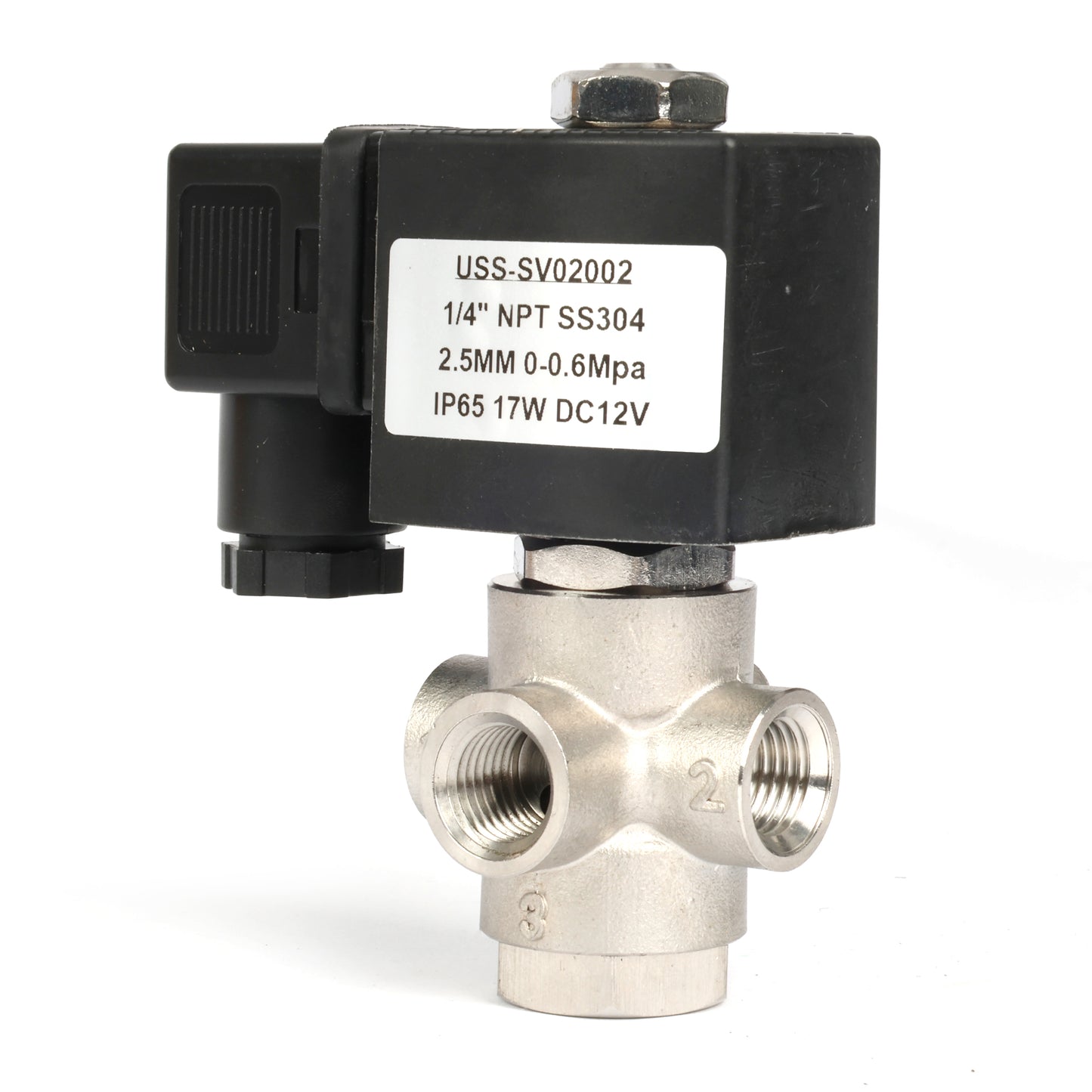 1/4" SUS304 3-tieinen solenoidiventtiili - 12 V DC, 2 asentoa