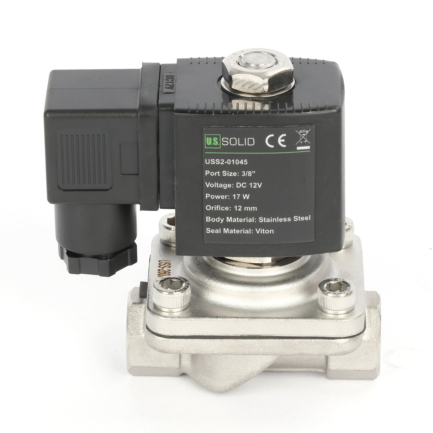 3/8" magnetventil - rustfritt stål 12V DC normalt lukket med Viton-tetning, koblingsbokstype