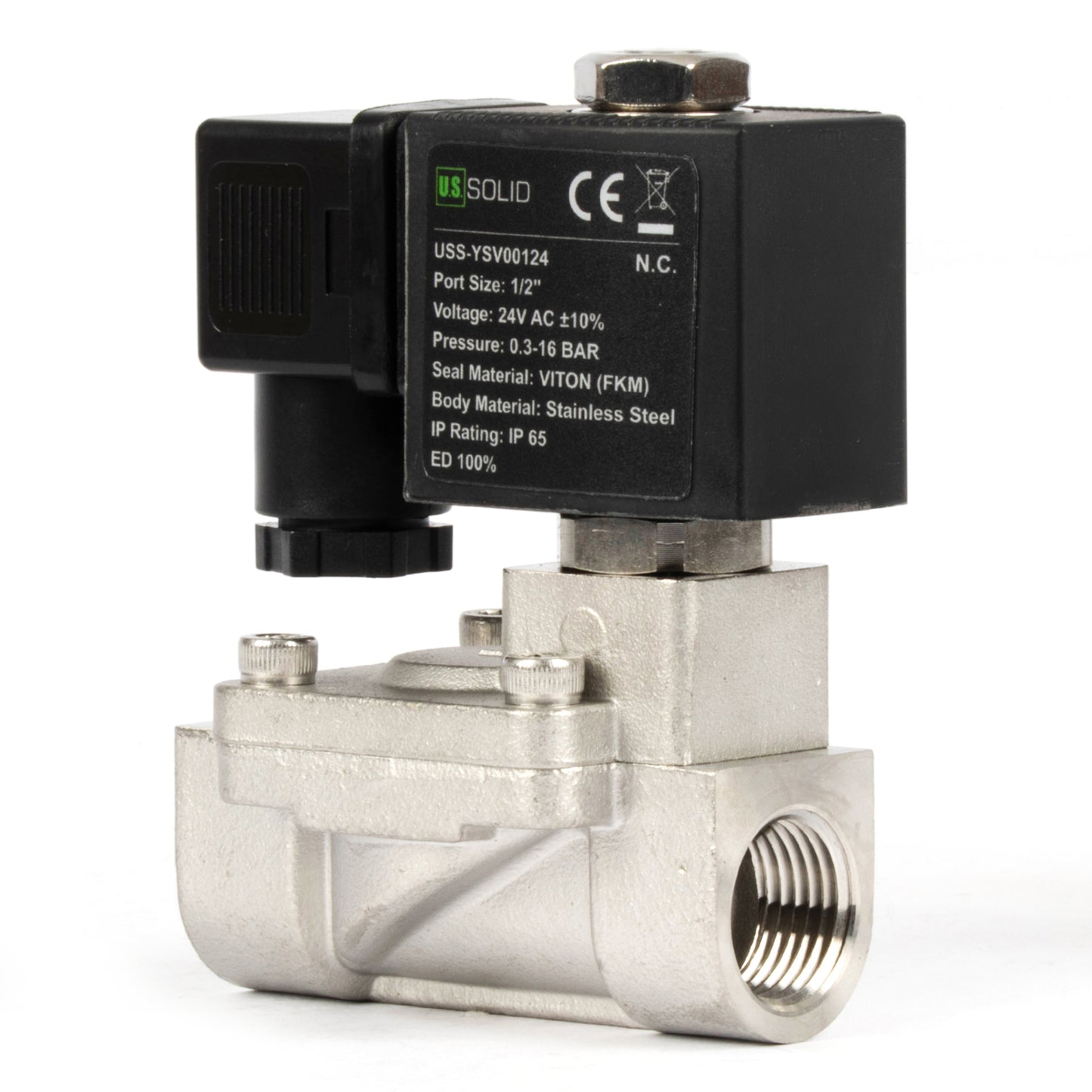 1/2" Stainless Steel  Solenoid Valve - 24V AC, Normally Closed, 4.4-232 PSI, VITON Seal