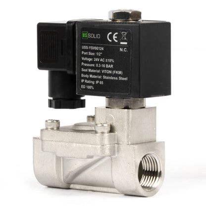1/2" Stainless Steel  Solenoid Valve - 24V AC, Normally Closed, 4.4-232 PSI, VITON Seal