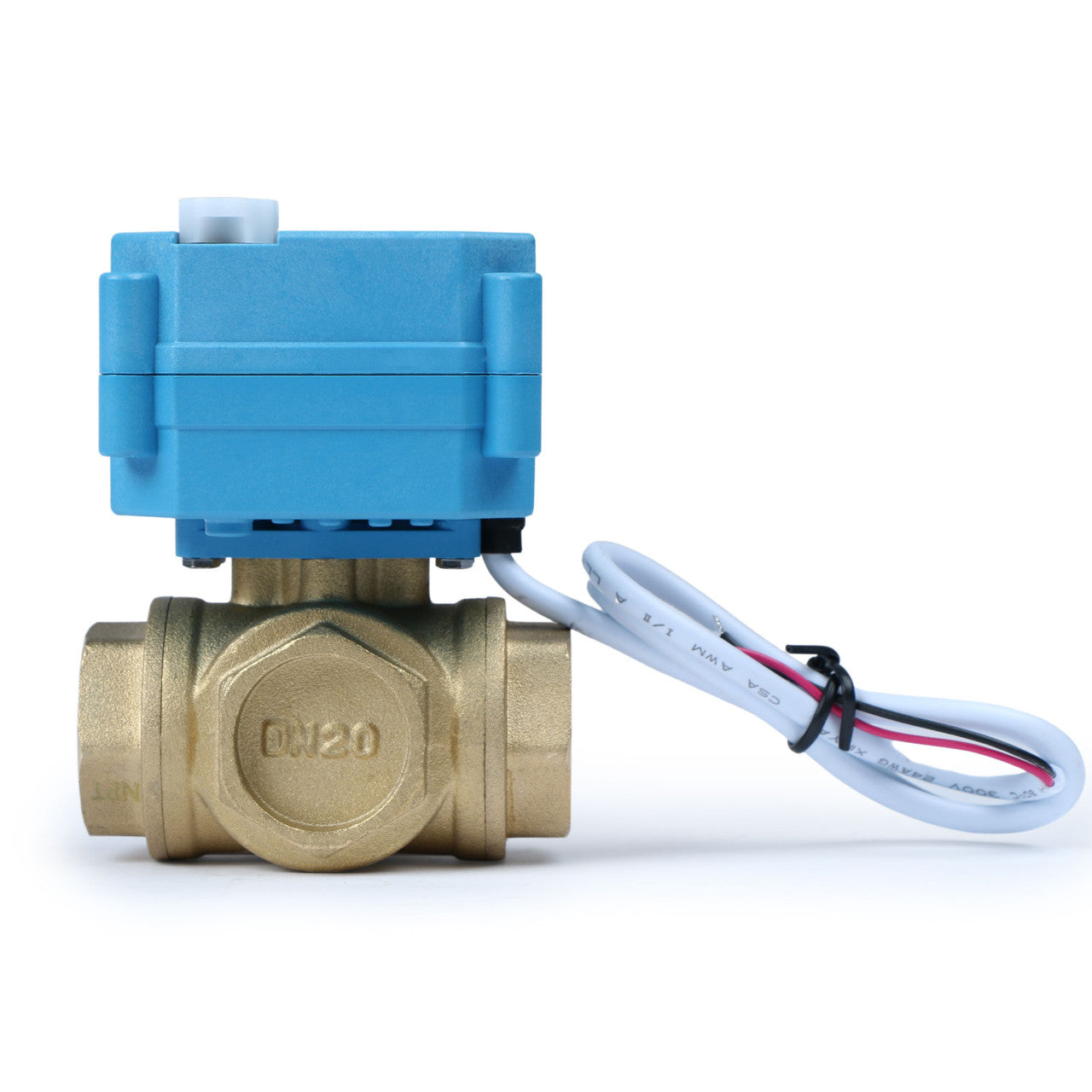 U.S. Solid 3/4" 3 Way Brass Motorized Ball Valve, 9-24V AC/DC, L Type, Standard Port, with Manual Function, IP67