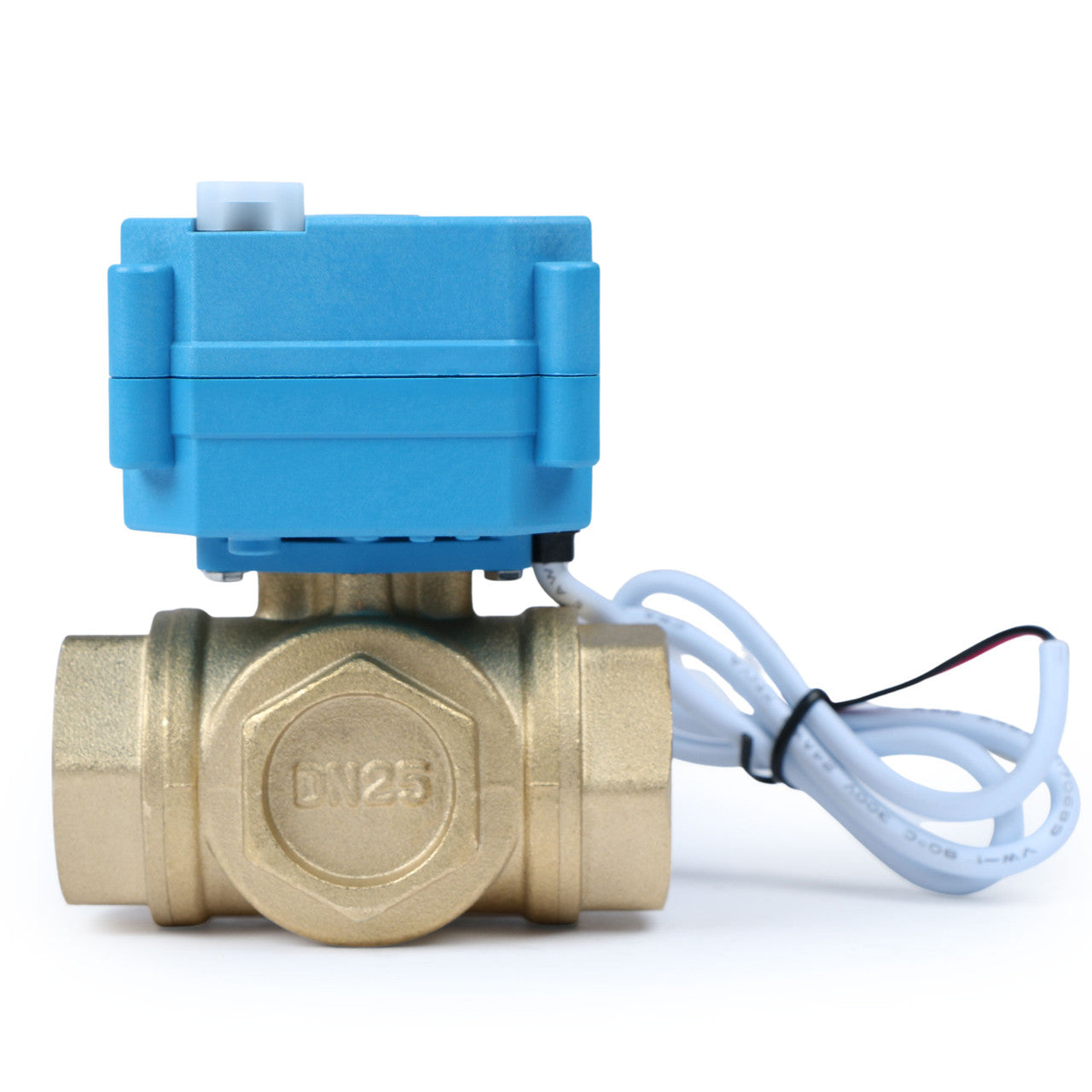 U.S. Solid 1" 3 Way Brass Motorized Ball Valve, 9-24V AC/DC, L Type, Standard Port, with Manual Function, IP67