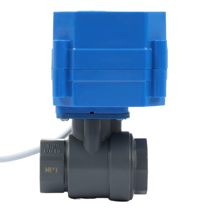 1/2" UPVC Motorized Ball Valve - 9-36V AC/DC Plastic Electrical Ball Valve with Standard Port, 2 Wire Auto Return, Normally Open