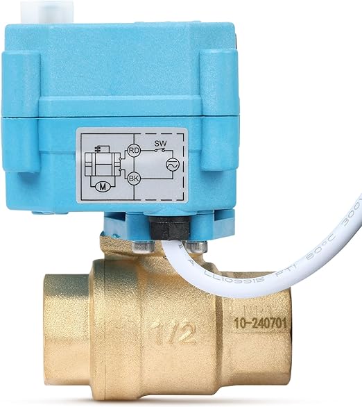 1/2" Brass Motorized Ball Valve with Waterproof Cover, 110-230V AC, Full Port, IP67, 2 Wire Auto Return, Normally Closed