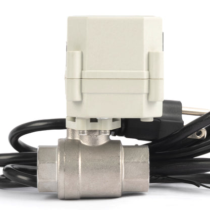 Válvula de bola motorizada de 1/2" y 2 vías con temporizador - Acero inoxidable 304. Válvula de drenaje automática con control de tiempo de 00:00 a 99:59:59, IP67, CA/CC 9–24 V.