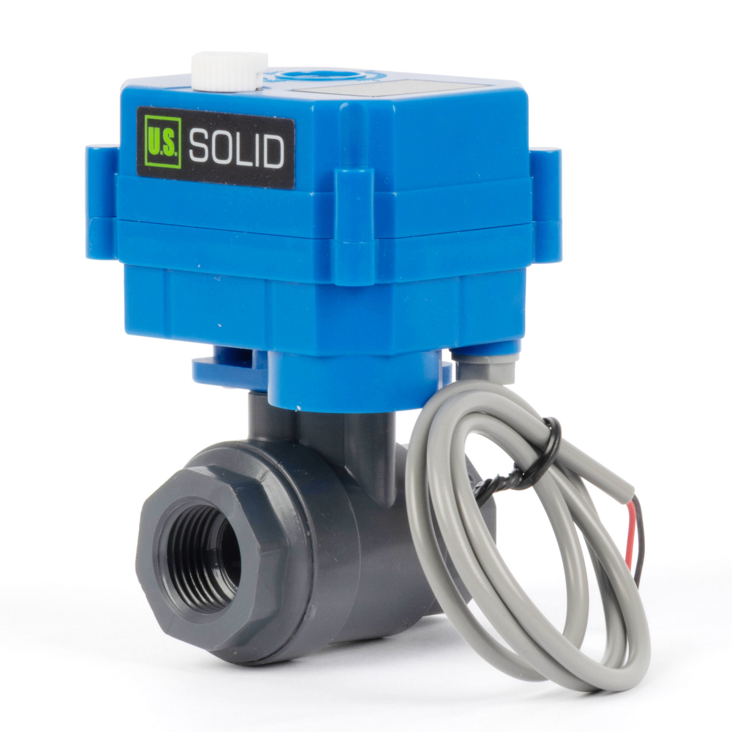 1/2" UPVC motoriseret kugleventil - 2-tråds automatisk returløb med manuel funktion, 9-36V AC/DC, normalt lukket