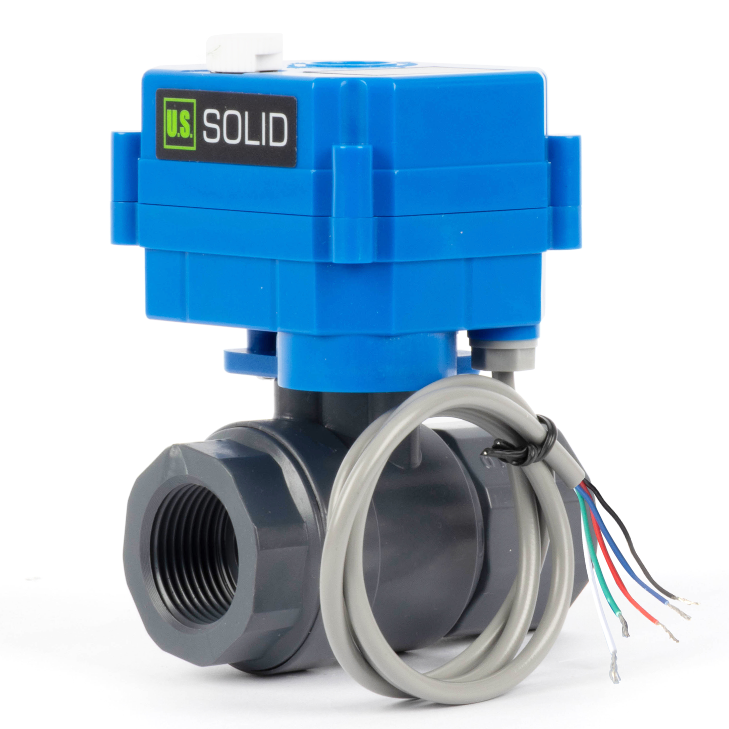 3/4" UPVC Motorized Ball Valve - 5-Wire (2 Wire Reverse Polarity with Signal Feedback), with Manual Function, 9-36V DC