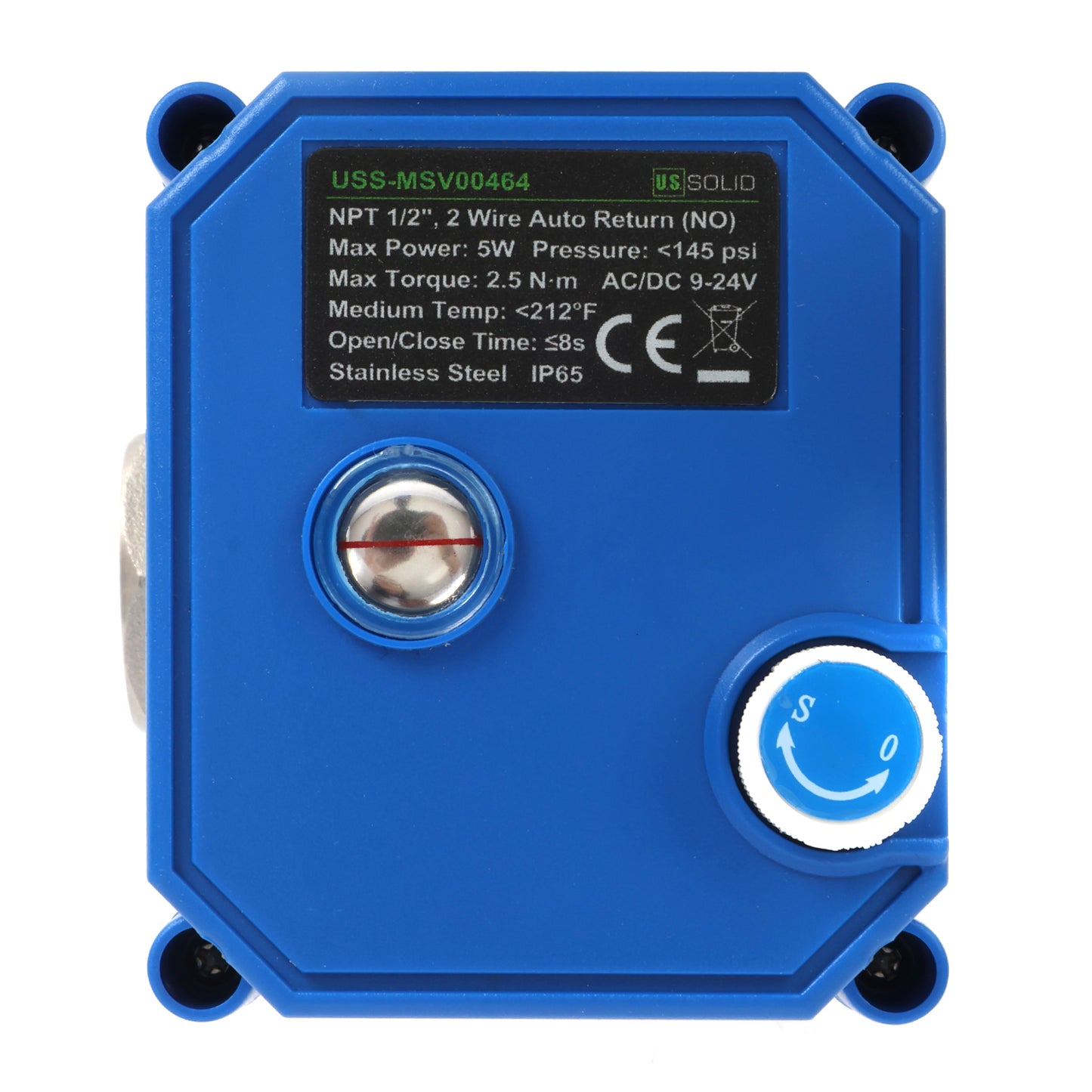 Motorized Ball Valve- 1/2" Stainless Steel Ball Valve with Manual Function, Full Port, 9-24V AC/DC and 2 Wire Auto Return Setup, Normally Open