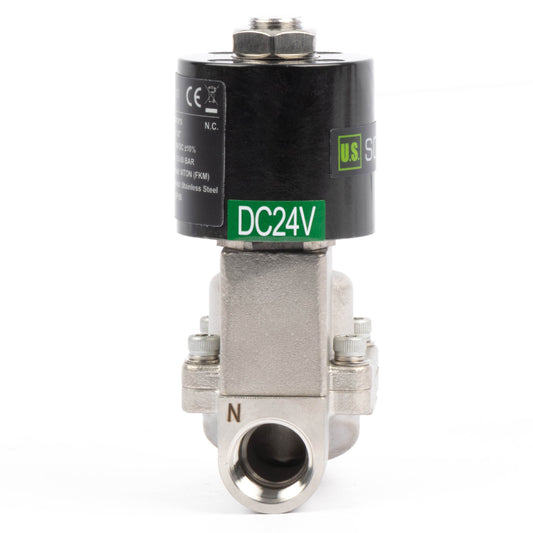 High Temperature Solenoid Valve - 1/2" Stainless Steel, 725 PSI, 24V DC, 302°F (150°C), Normally Closed, VITON Seal