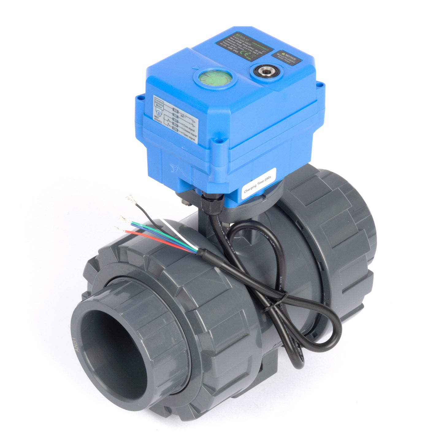Katup Bola Bermotor UPVC Sambungan Ganda 2" - DC 24V, 5 Kabel dengan Umpan Balik Sinyal, Pengembalian Otomatis, Tertutup Normal & Pengoperasian Manual, Segel EPDM
