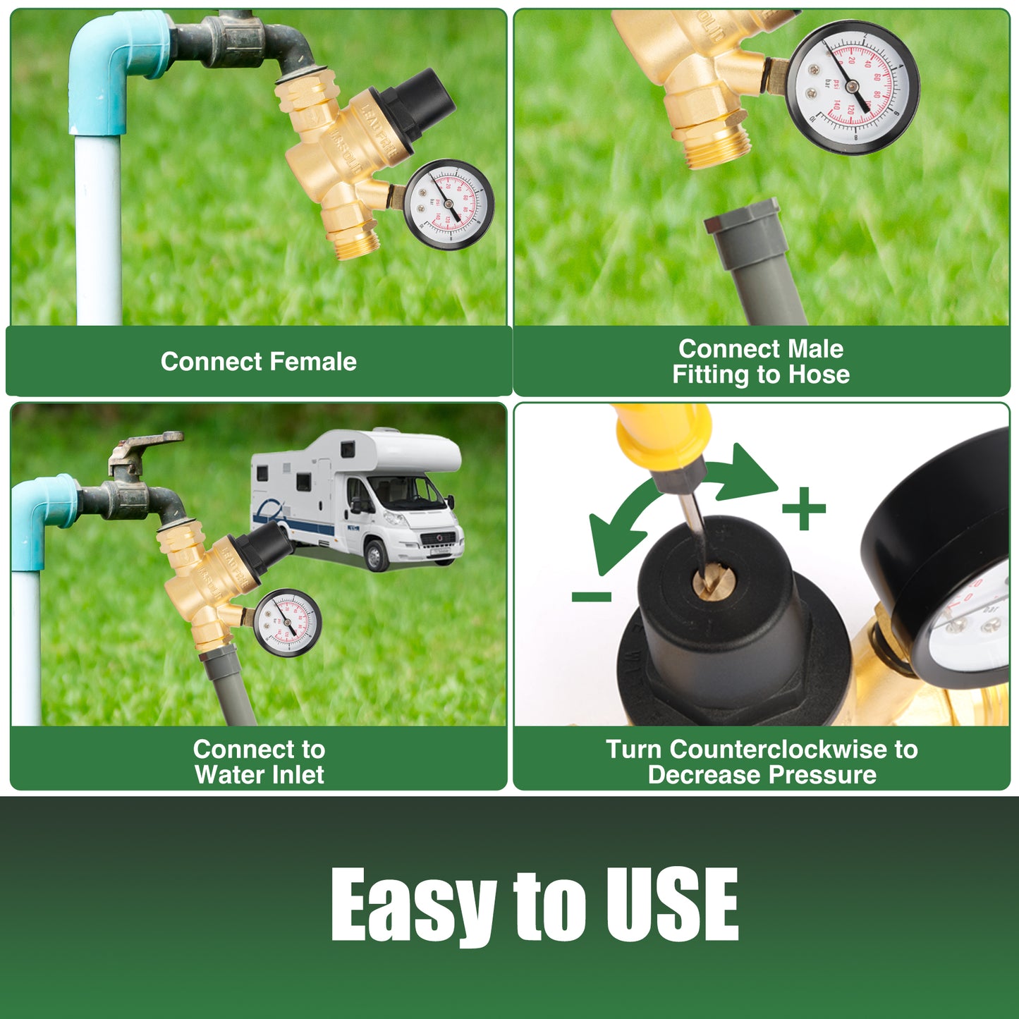 3/4" GHT RV Water Pressure Regulator - Screwdriver Adjustable, Brass, with Gauge & Inlet Filter