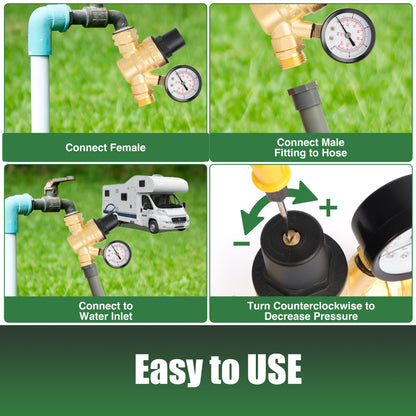 3/4" GHT RV Water Pressure Regulator - Screwdriver Adjustable, Brass, with Gauge & Inlet Filter